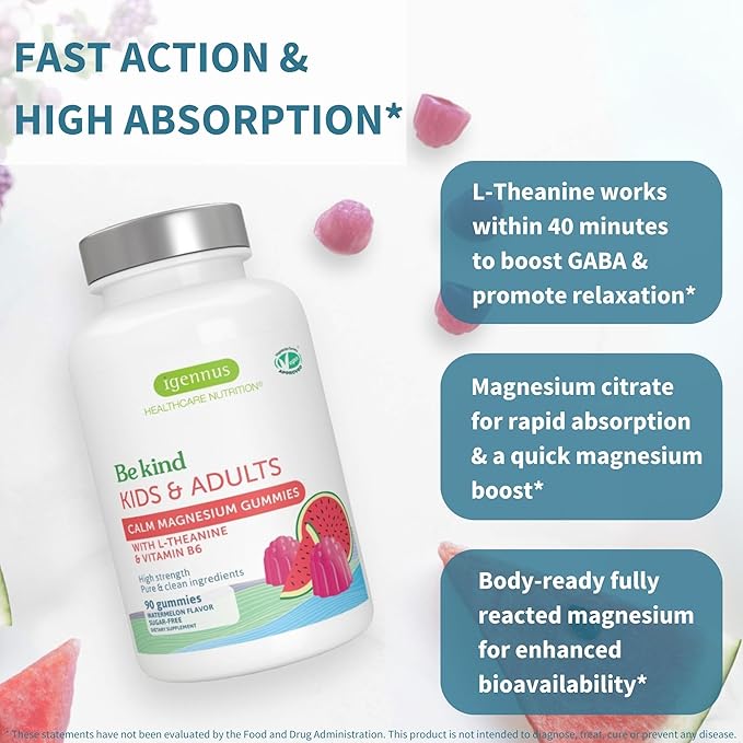 Igennus High Potency Calm Magnesium Gummies 60mg L-Theanine 100mg &amp Vitamin B6 3mg Daily Stress Support for Kids &amp Adults Clean Ingredients &amp Vegan Sugar-Free Watermelon Flavor 45-90