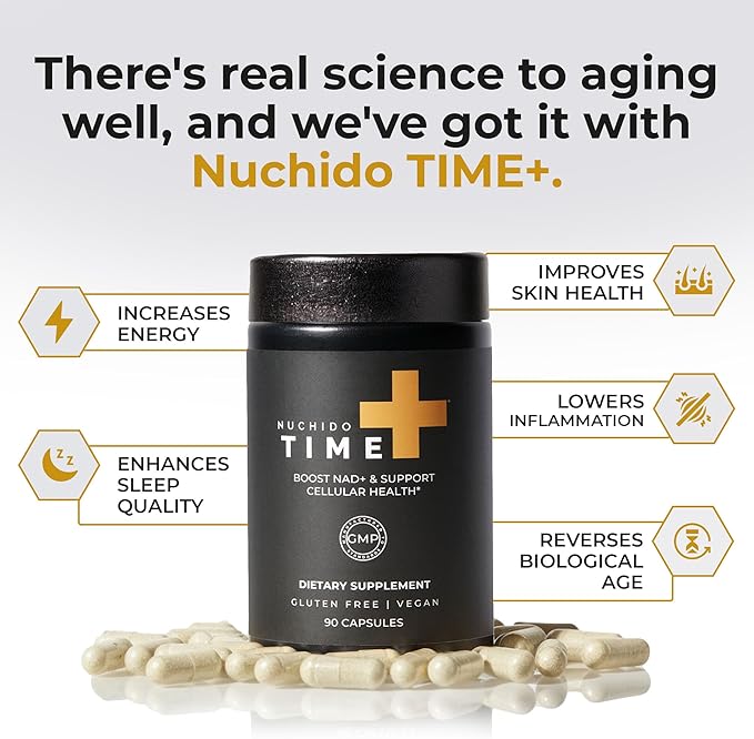 Nuchido Time+ NAD Supplement for Women &amp Men - Advanced Formula for Healthy Aging Energy Focus Cellular Health &amp Longevity - Nicotinamide Alpha Lipoic Acid Quercetin - 90 Capsules