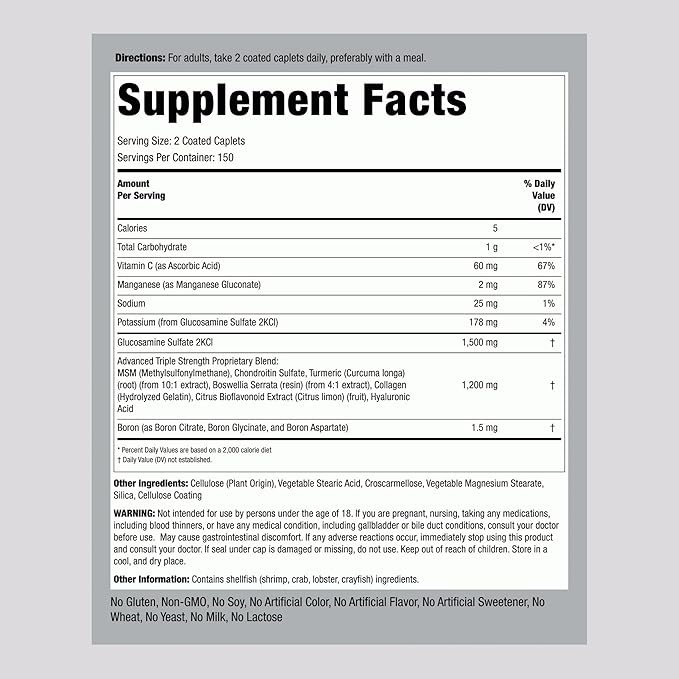 Piping Rock Glucosamine Chondroitin MSM Turmeric | 300 Caplets | Supplement for Women and Men | Advanced Triple Strength Complex | Non-GMO &amp Gluten Free