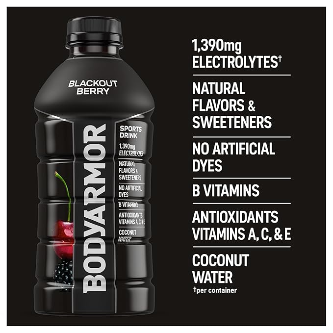 BODYARMOR Sports Drink Blackout Berry Electrolyte Drink Hydration 28 Fl Oz Bottles (15 Pack) Flavored Coconut Water with B Vitamins &amp Antioxidants