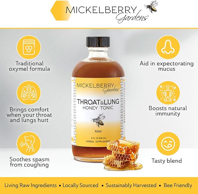 Mickelberry Gardens Throat &amp Lung Honey Tonic: Wellness Syrup Natural Sore Throat Relief Immune Support &amp Cough Suppressant for Adults &amp Kids (8 oz 2 Pack)