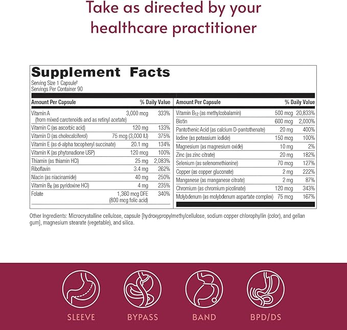 Bariatric Advantage Ultra Solo Without Iron - Once-Per-Day Daily Multivitamin - for Bariatric Patients - with Thiamin Vitamin A &amp More - Gluten Free - 90 Capsules