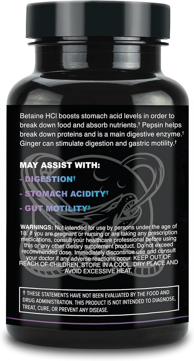 Leviathan Betaine HCl with Pepsin &amp Ginger - Digestive Enzymes Supplement for Digestion Aid &amp Support Stomach Acid &amp Nutrient Absorption