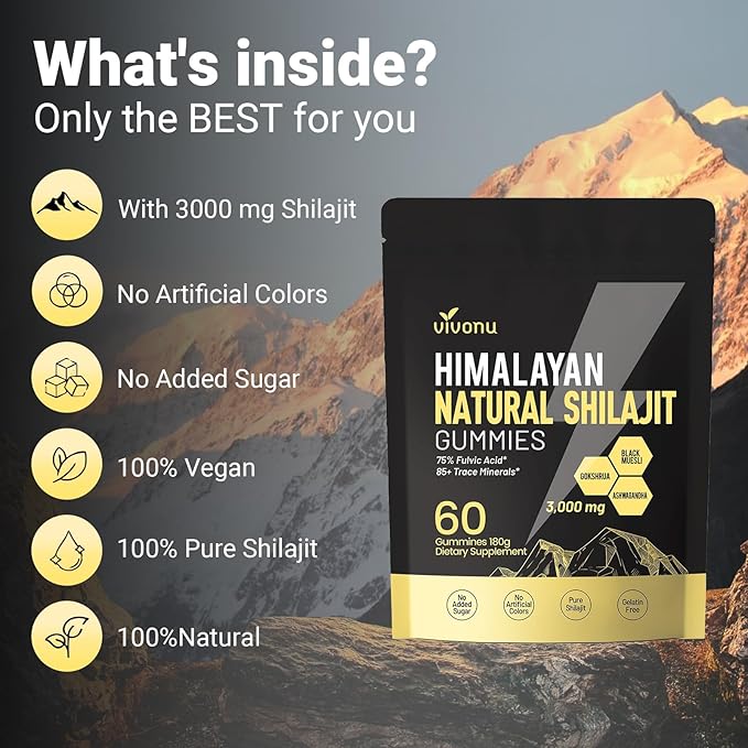 VivoNu Himalayan* Shilajit* Gummies with Ashwagandha* &amp Gokshura | 85+ Trace Minerals &amp Fulvic Acid | Organic Micronutrient Supplement for Men &amp Women (3000mg / 1 Bag)