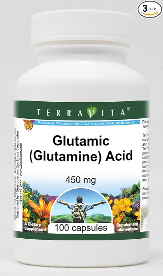 Glutamic (Glutamine) Acid - 450 mg (100 Capsules ZIN: 513331) - 3 Pack