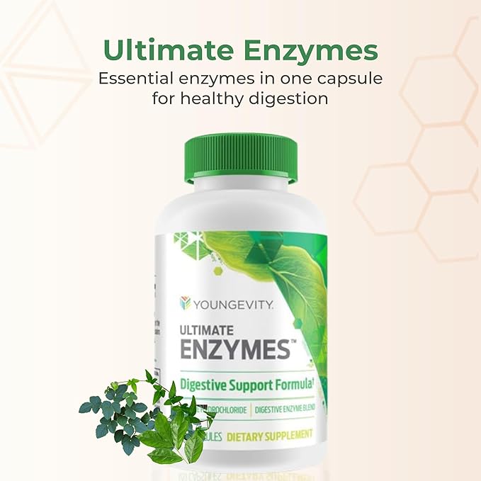 Youngevity Ultimate Enzymes® - Multi Enzymes for Digestion Gas &amp Bloating Relief - Betaine HCl Ox Bile Pancreatine 10X Papain 6M Pepsin 1:3000 (120 Capsules)