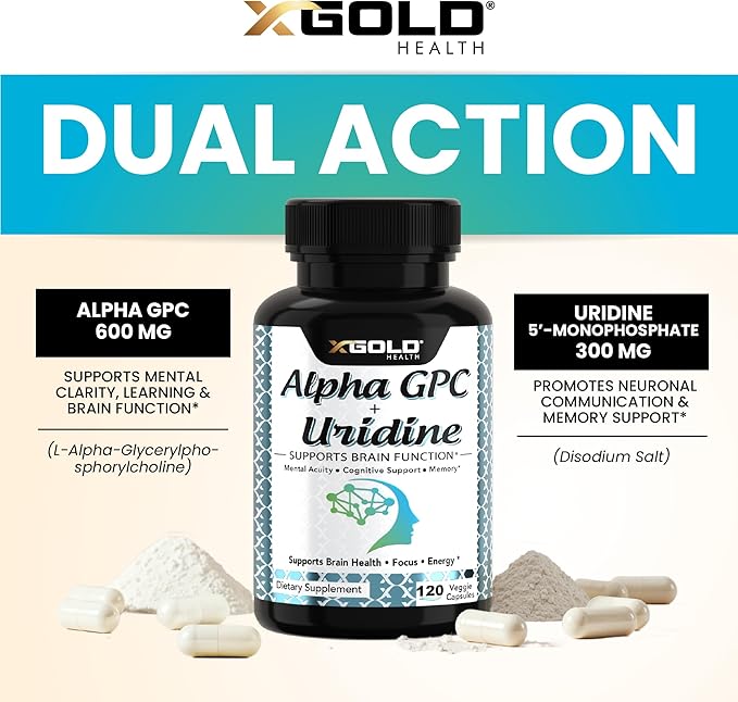 Alpha Gpc + Uridine 900mg – Powerful Nootropic for Boost Focus Memory Energy Mood &amp Cognitive Performance – 120 Vegetarian Capsules