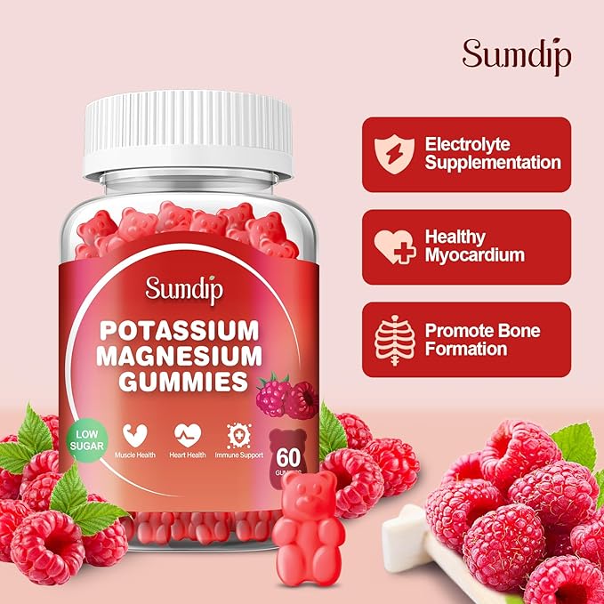 Magnesium Potassium Gummies Muscle &amp Heart Health Leg Cramps and Sleep Potassium Supplements Vegan Gummy Non-GMO Gluten Free 60 Gummies-2 Pack Raspberry