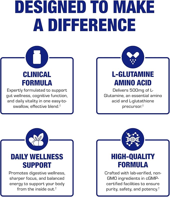 Free Form L-Glutamine Supplement - Clinical L Glutamine Capsules 500mg for Gut Health and Immune Support - Powerful Amino Acid Glutathione Precursor - Non-GMO &amp Made in The USA - 100 Servings
