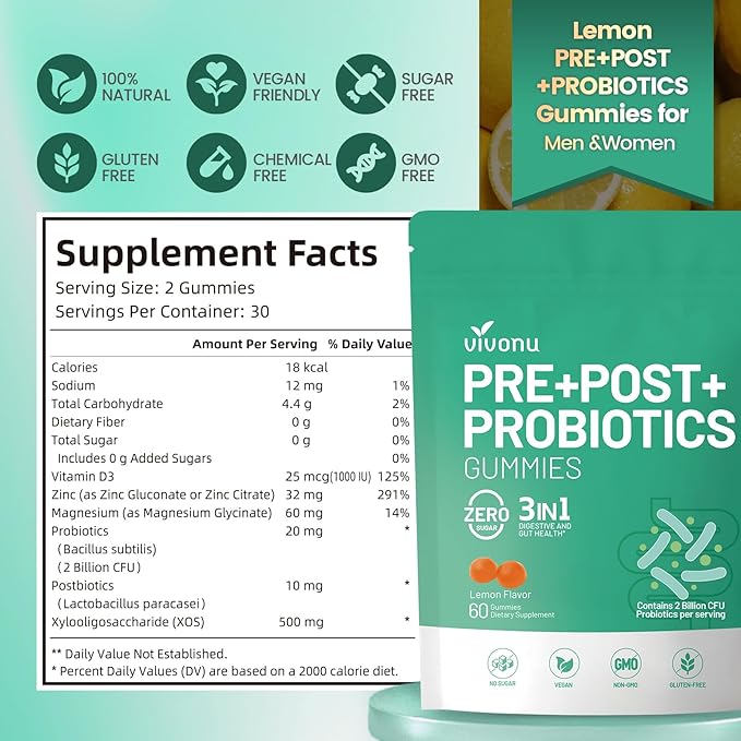 VivoNu Probiotics for Digestive Health Gummies 3 in 1 Intestinal Digestion Contains 2 Billion CFU Probiotic Zinc Magnesium and Vitamin D3 Men's Probiotics for Women Non GMO (180Gummy/3Pack)