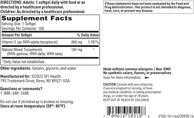 Klaire Labs SFI Health Pure-E - Natural D-Alpha &amp Mixed Tocopherols High in Gamma Tocopherol (100 Softgels)