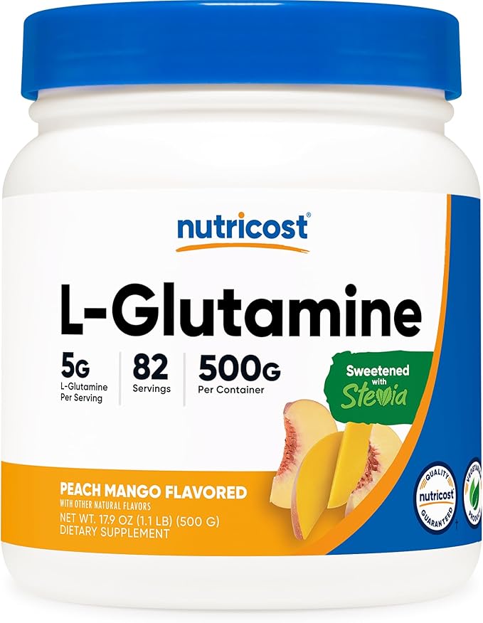Nutricost L-Glutamine Powder Sweetened with Stevia (500 Grams Peach Mango) - Supplement for Gut Support 5 Grams of L-Glutamine Per Serving - Gluten Free Non-GMO