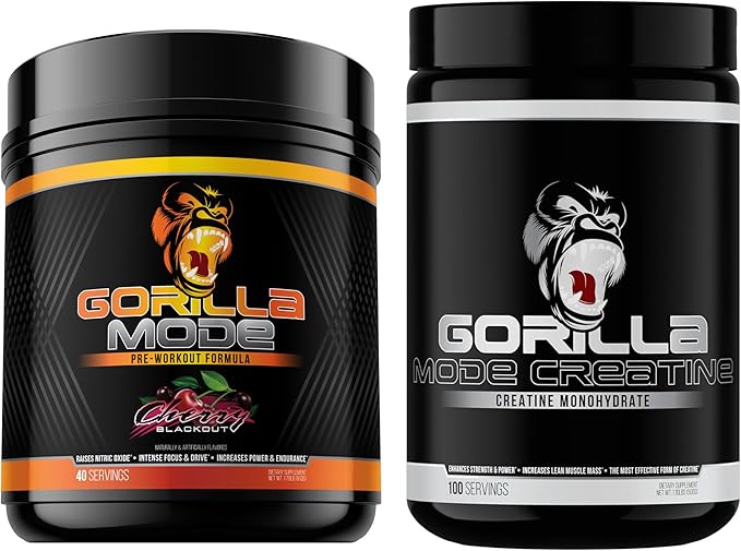Gorilla Mind Pre Workout (Cherry) + Creatine (100 Serv.) - Comprehensive Stack for Improved Strength Power Output and Muscle Size