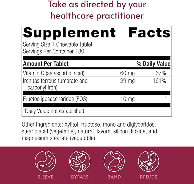Bariatric Advantage Chewable Iron 29 mg - for Bariatric Surgery Patients - Iron with Vitamin C - No Iron Taste - Ferrous Fumarate &amp Carbonyl Iron Supplement - Passion Fruit - 180 Count