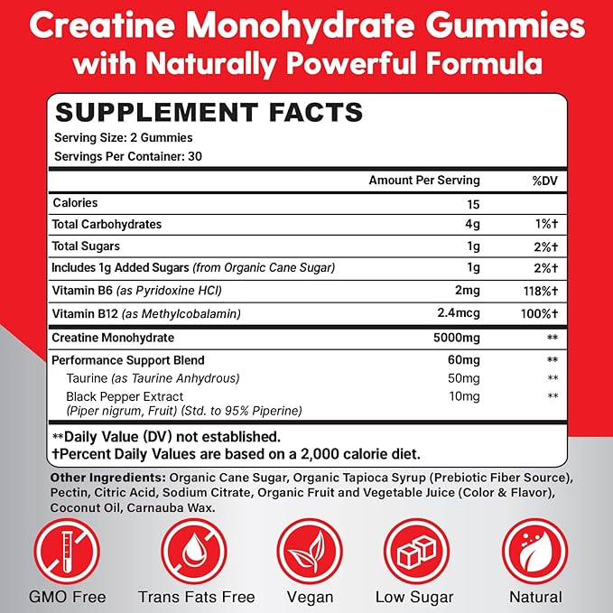 Creatine Monohydrate Gummies for Men &amp Women - Creatine Pre-Workout Gummies with Taurine &amp Vitamin B6 B12 for Maximum Strength Muscle Energy Endurance &amp Focus Organic Vegan-60 Count
