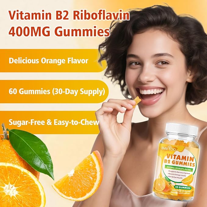 2 Pack Vitamin B2 Gummies - Riboflavin 400mg for Kids &amp Adults Migraine Relief &amp Headache Relief Vegan Sugar-Free Orange Flavor 120 Gummies