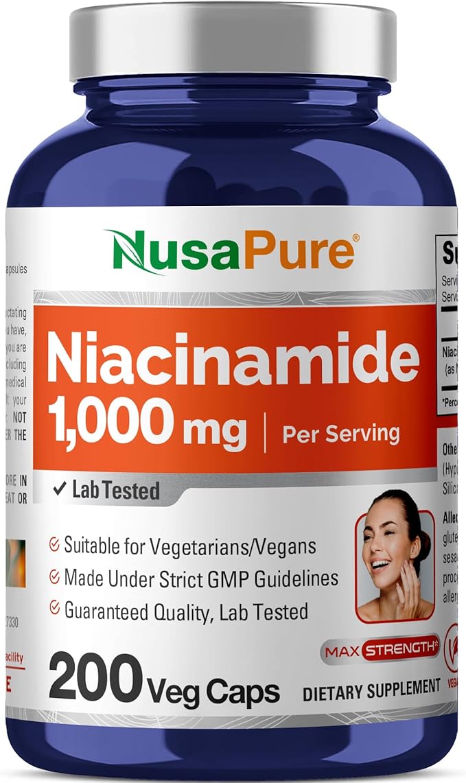 NusaPure Niacinamide 1000mg 200 Veggie Capsules (Non-GMO Vegan) Flush Free