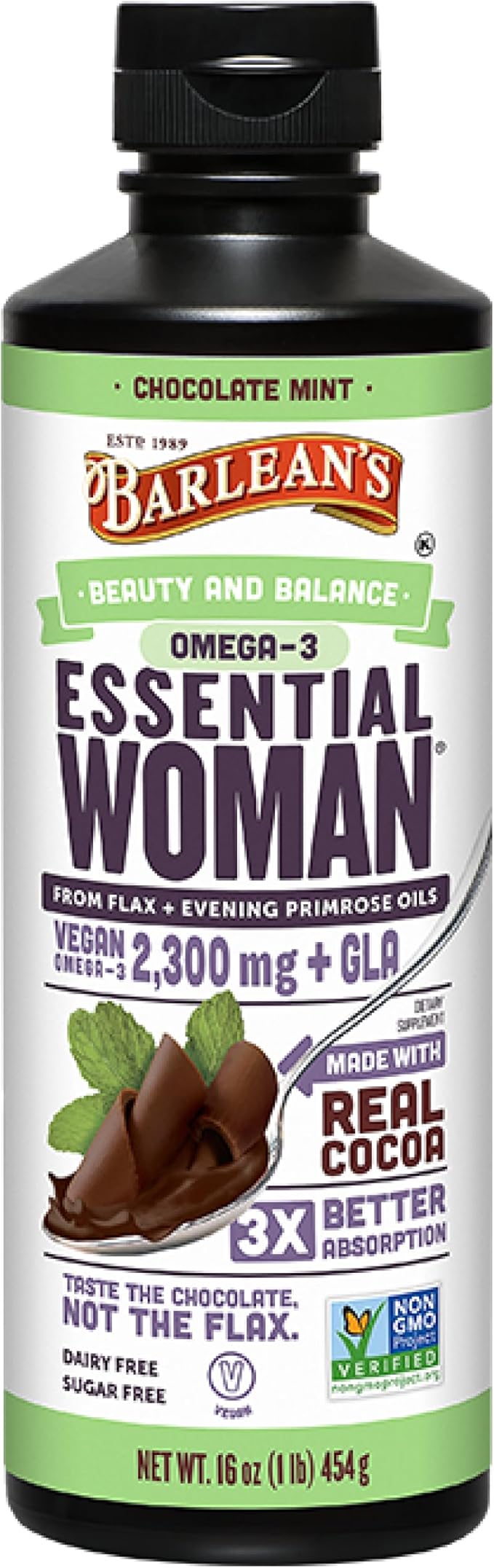 Barlean's Essential Woman Chocolate Mint Liquid Supplement from Flaxseed Evening Primrose Oil &amp Soy Isoflavones Omega 3 6 9 and GLA Hormonal Balance &amp Healthy Hair and Skin 16 oz