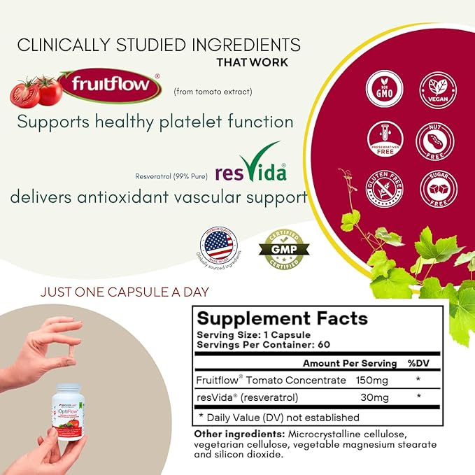 Bricker Labs OptiFlow Circulation Supplement – Supports Healthy Blood Flow &amp Cardiovascular Function Vascular Health with FruitFlow &amp resVida Resveratrol Gut-Friendly Formula 60 Capsules