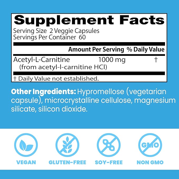 Doctors Best Acetyl-L-Carnitine 1000 mg Per Serving - Acetyl L Carnitine Supplement for Men &amp Women Supports Brain &amp Nerve Cell Function Mental Focus Helps Generate Cellular Energy - 120 Ve