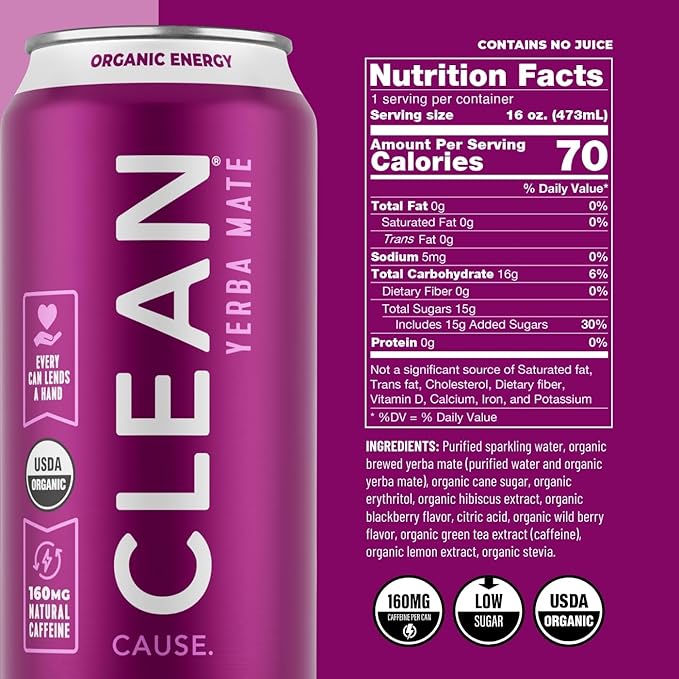 NEW! CLEAN Cause Non-Carbonated Variety Pack &amp Low Calorie Low Sugar Variety Pack USDA Organic Yerba Mate Tea (15.5oz cans 2-12-Pack Case) 160mg Caffeine