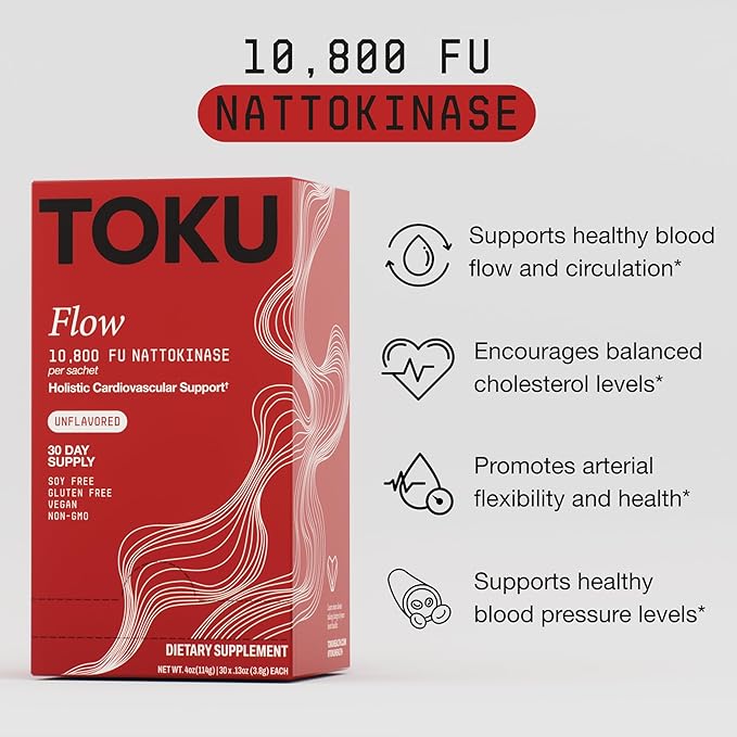 Toku Nattokinase 10800 FU Supplement with Vitamin K2 MK7 &amp Oat Beta Glucan Daily Circulation Support Powder Plant-Based Drink Mix Soy-Free 30 Single-Serve Packets - Unflavored