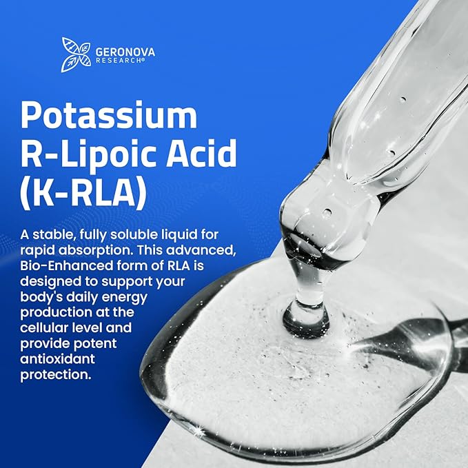 Geronova Research The R-Lipoic Solution 2 fl oz – Potassium-Stabilized R-Lipoic Acid Liquid for Healthy Aging Supports Nerve Health and Cellular Balance – Fast-Absorbing 3-Ingredient RLA Drops