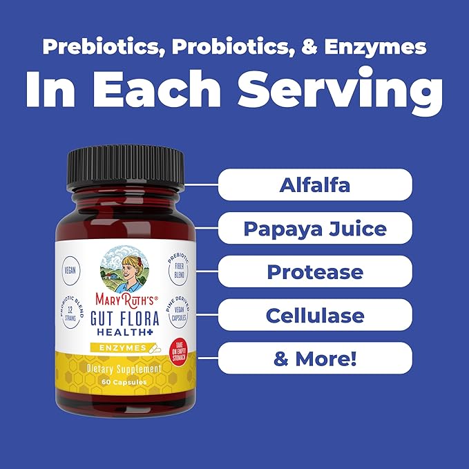 MaryRuth’s Gut Flora Health+ Enzymes | Prebiotic &amp Probiotic Digestive Enzymes for Healthy Gut Biome &amp Digestive Support | Gastrointestinal Health | CLP Certified | 60 Capsules | Up to 2 Month