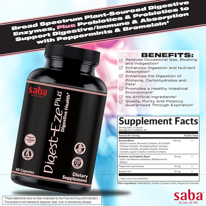 Saba Digestive-EZE Plus–Broad Spectrum Plant-Sourced Enzymes Prebiotics &amp Probiotics -Support Digestive &amp Gut Functions Immunity &amp Absorption with Betaine Bromelain -60 Capsules