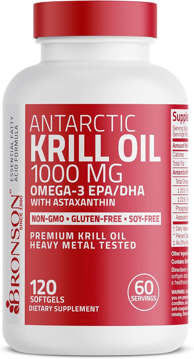 Bronson Antarctic Krill Oil 1000 mg with Omega-3s EPA DHA Astaxanthin and Phospholipids 120 Softgels