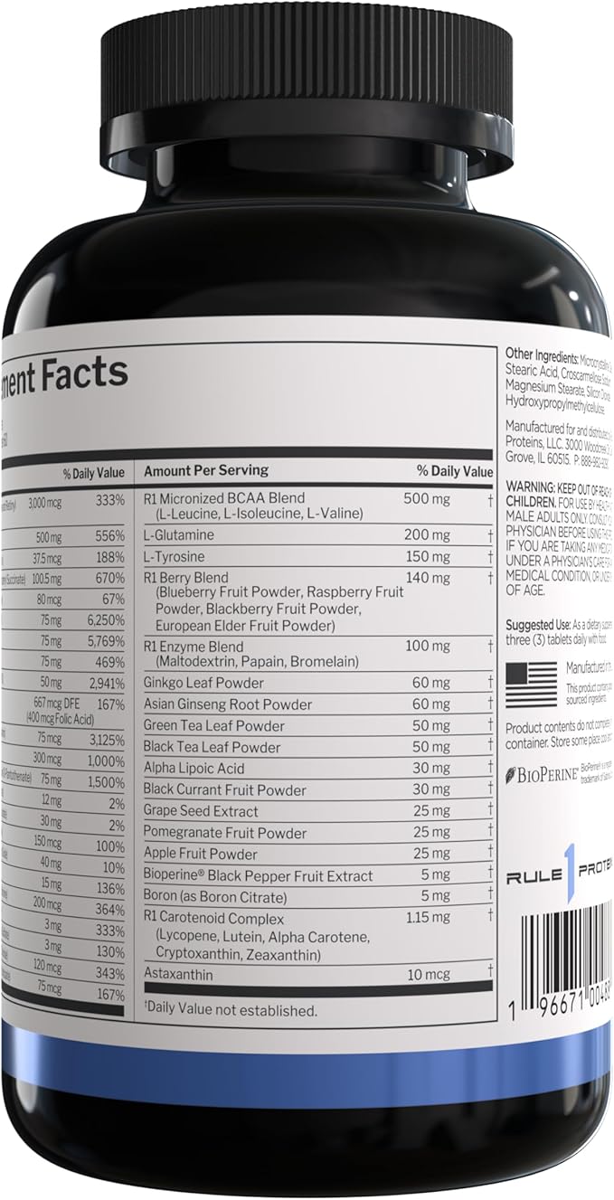 Rule 1 Proteins Men's Daily Multi Vitamins Essential Minerals Superfoods Digestive Enzymes Amino Acids and Antioxidants for Active Lifestyles and Wellness Support (180 Tablets 60 Day Supply)