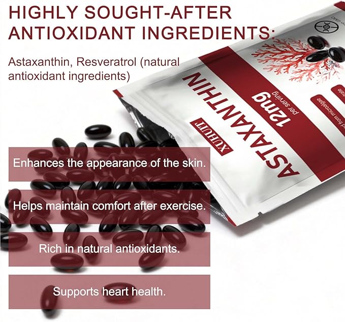 Astaxanthin 12mg Softgels | Natural Algae-Derived Botanical Extract (Haematococcus pluvialis) | Easy Swallow Non-GMO 120 Count per Bag (2)