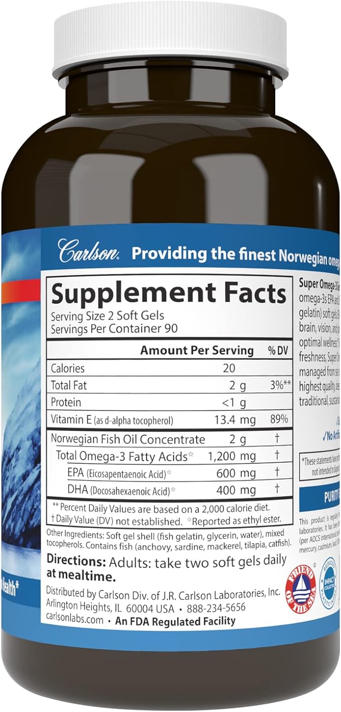 Carlson - Super Omega-3 Gems 1200 mg Omega-3s Cardiovascular Support Brain Function &amp Vision Health Norwegian 180 soft gels