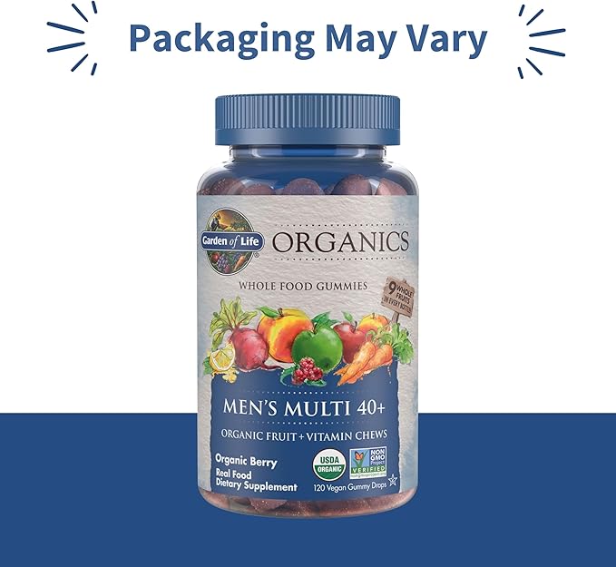 Garden of Life Organics Men 40+ Gummy Vitamins - Berry - Certified Organic Non-GMO Vegan Kosher Complete Multi - Methyl B12 C &amp D3 - Gluten Soy &amp Dairy Free 120 Real Fruit Gummies (Pack