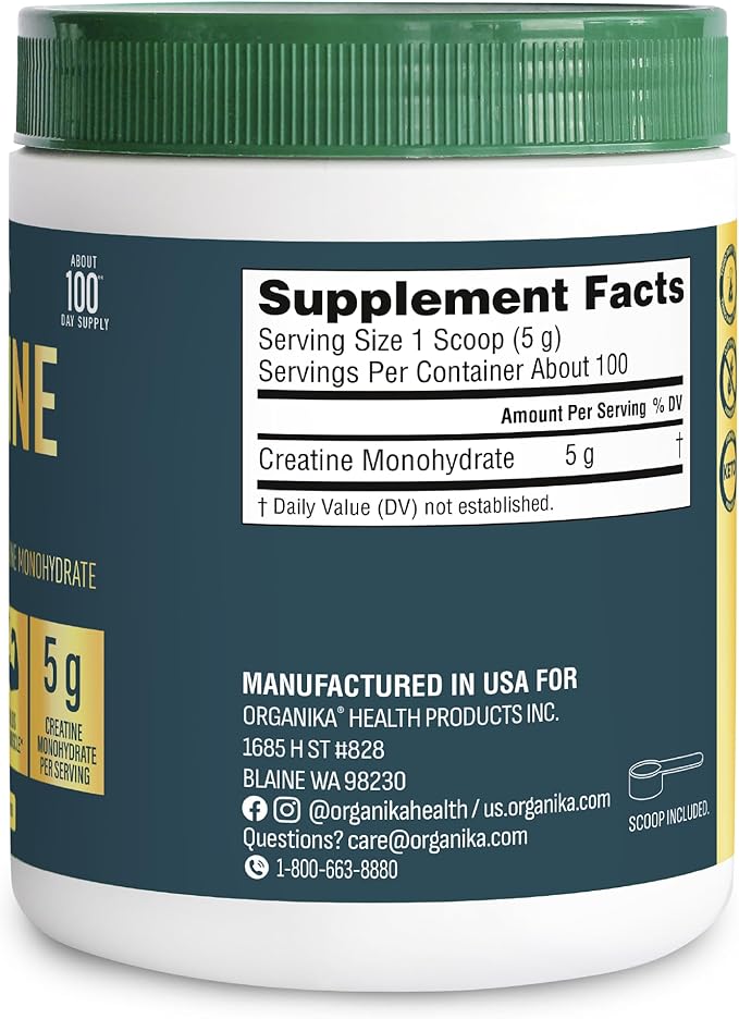 Organika Creatine Powder- 100% Pure Micronized Creatine Monohydrate - Helps Build Lean Muscle Increase Strength and Improved Recovery and Performance for Men and Women - 500g 100 Servings