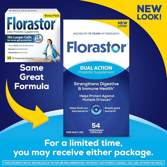 Florastor Probiotics for Digestive and Immune Health 54 Capsules Probiotics for Women &amp Men Helps Flush Out Bad Bacteria Boosts The Good with Our Strain Saccharomyces Boulardii Packaging May