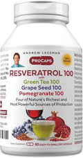 ANDREW LESSMAN Resveratrol-100 with Green Tea 100 Grape Seed 100 Pomegranate 100mg - 60 Capsules - Four Powerful Protective Anti-oxidants.