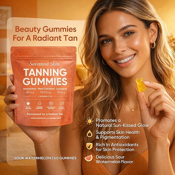 Savanna Skin Tanning Gummies with Vitamin C &amp E Astaxanthin Beta Carotene &amp Lycopene Blend Natural Looking Glow Bronzing Radiant Healthy Skin Non-GMO Vegan &amp Sugar-Free 60 Gummies