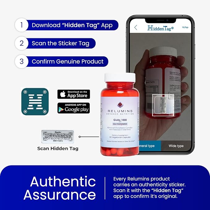 Relumins Advanced Patented Tri-Form Glutathione Complex 1000 mg — Fast-Absorb L-Glutathione S-Acetyl &amp Liposomal + Alpha-Lipoic Acid &amp Rose Hips - Made in USA