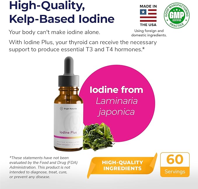 Iodine Plus - Kelp-Based Liquid Supplement Supports Thyroid - Boosts Energy Improves Sleep and Enhances Mental Clarity 180 0.04% Iodine Servings