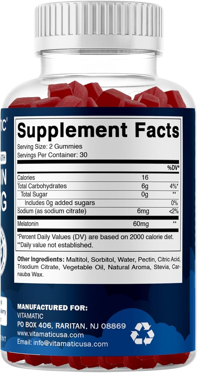 Vitamatic Sugar Free Melatonin 60 mg - 60 Vegetarian Gummies - Non-Habit Forming Supplement- 2 Pack
