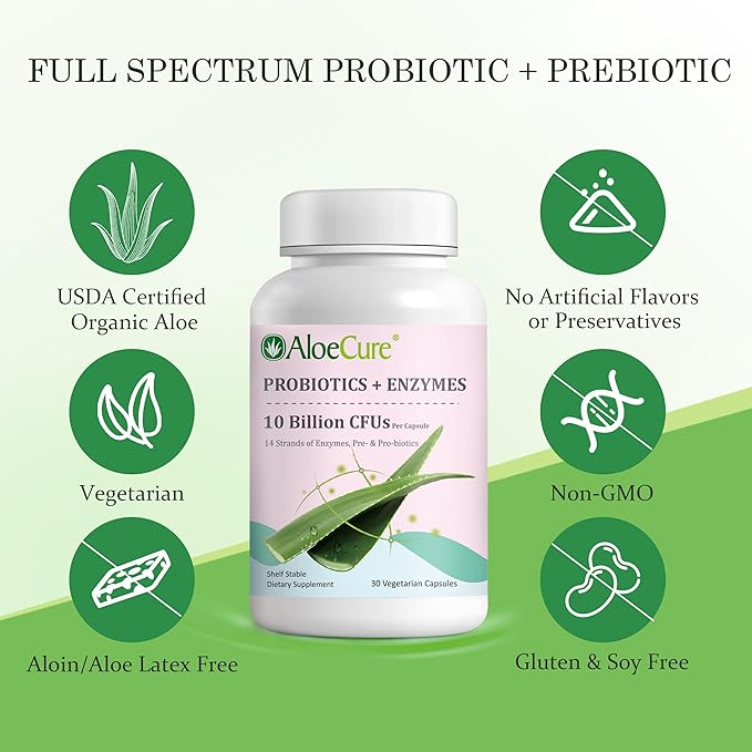 AloeCure Daily Probiotics 10 Billion CFU for Digestive Support 8 Strains 6 Prebiotics &amp Enzymes - Digestive Supplement with Bromelain for Women &amp Men - Gut Support Digestive Relief 30 Caps