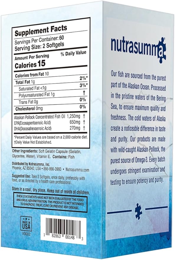 Nutrasumma High Purified Omega 3 Supplement Wild Alaskan Fish Oil Burpless &amp No Fishy Taste 650mg EPA &amp270mg DHA of 1250mg Fish Oil softgels Gluten Free Heart Brain&amp Immune Support 60
