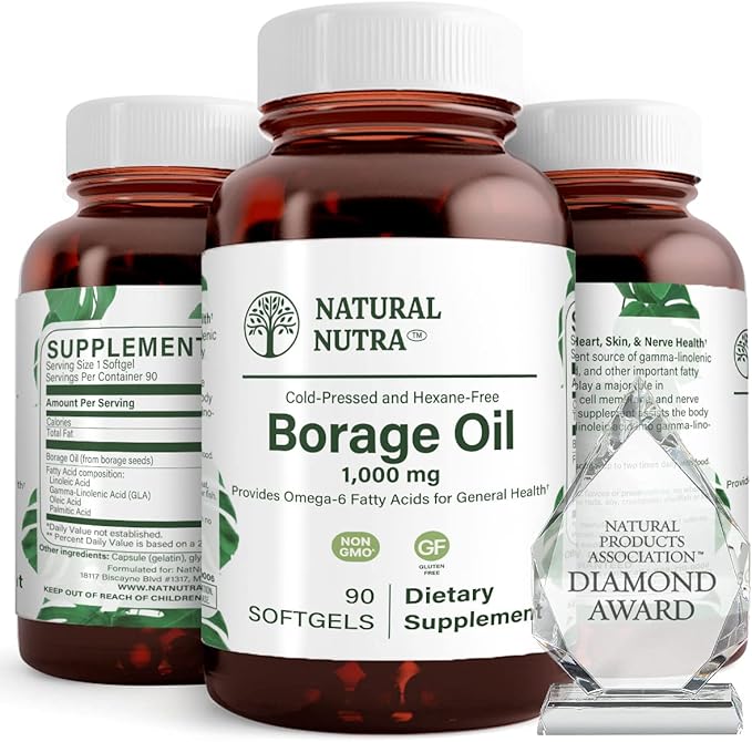 Natural Borage Oil Supplement – Rich in Gamma-linolenic Acid (GLA) A Potent Omega-6 Essential Fatty Acid Known for Supporting Skin Nerve and Joint Health 90 Softgels.