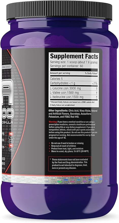 Ultimate Nutrition Flavored BCAA Powder 12000 Branched Chain Post Workout Amino Acid Supplement Caffeine-Free with 3g Leucine 1.5g Valine 1.5g Isoleucine- Fruit Punch 60 Servings