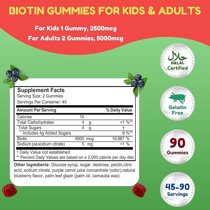 SHIFAA NUTRITION Vegan Biotin Gummies for Adult &amp Kids | 90 Gummies | 5000 mcg 45 Servings | Non-GMO | Gluten Gelatin Peanuts Egg &amp Dairy Free | Biotin Gummy Vitamins for Hair Skin &amp N