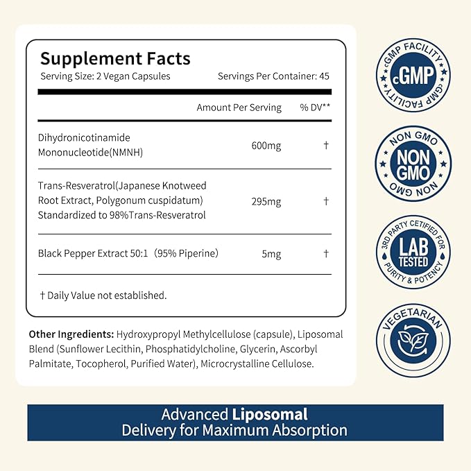 NMNH NAD+ Supplement Liposomal 600mg NMN NAD+ and Resveratrol Complex for Cellular Energy Healthy Aging &amp Metabolic Support 90 Capsules