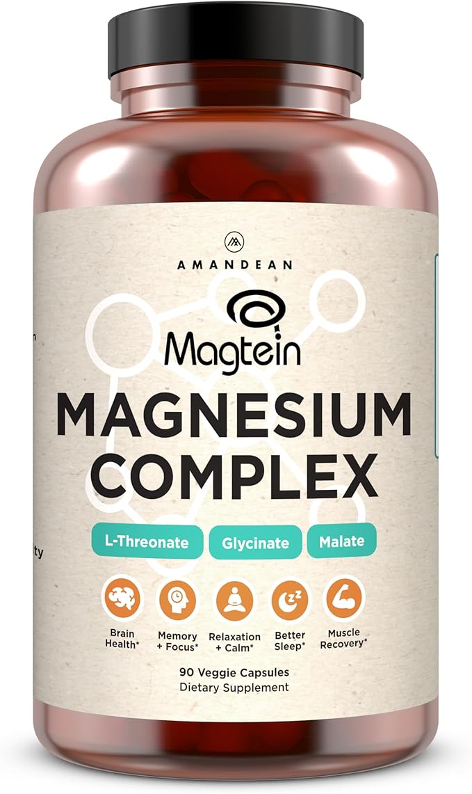 AMANDEAN Magtein Magnesium Complex. L-Threonate Glycinate Malate Triple Blend Chelated Magnesium Supplement. 90 Veggie Capsules. High Absorption Branded Ingredients. Brain Health Sleep Calm*.