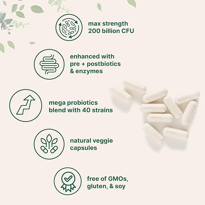 Micro Ingredients Probiotics 200 Billion CFU 120 Veggie Capsules | Mega Probiotics for Men &amp Women | 40 Strains with Prebiotics Postbiotics &amp Digestive Enzymes | Gut Immune &amp Digestive