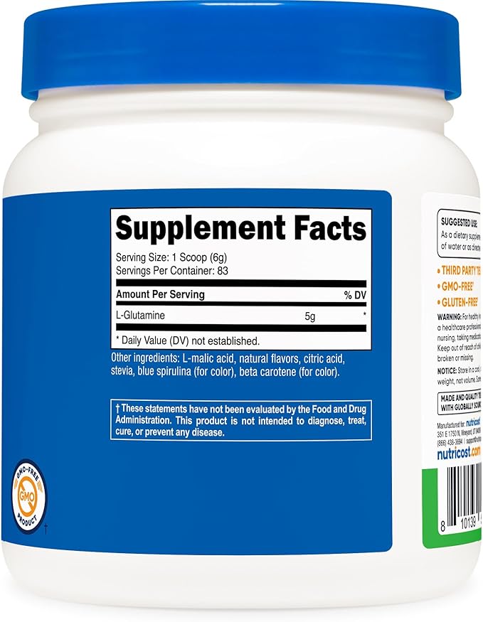 Nutricost L-Glutamine Powder Supplement (Green Apple) 500g - Gut Support 5 Grams per Serving Sweetened with Stevia - Gluten Free Non GMO